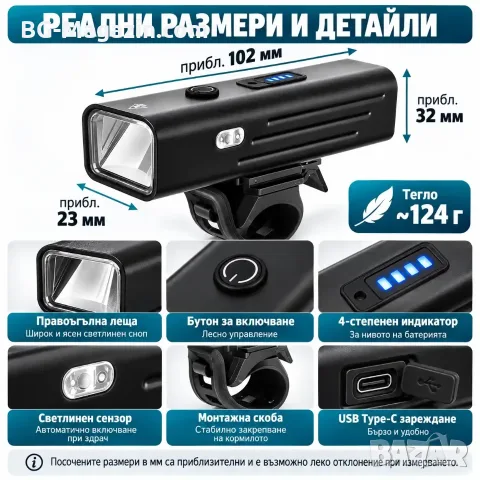 Преден фар за велосипед 250 lm със светлинен сензор и Type-C, снимка 6 - Аксесоари за велосипеди - 56326976