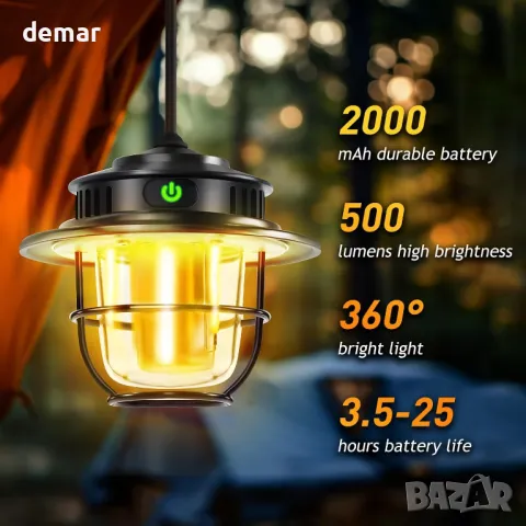 XRDZYXGS Лампа за къмпинг, акумулаторна 2000mAh 1000LM, водоустойчива с 6000mAh соларен панел, снимка 2 - Къмпинг осветление - 47432967