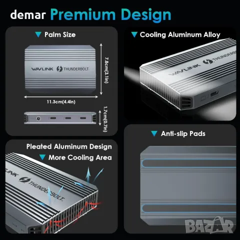 Докинг станция Thunderbolt 4, WAVLINK USB C хъб с двоен 4K@60Hz дисплей, 100w PD, USB-A 3.2 Gen 2, снимка 8 - Кабели и адаптери - 49889973