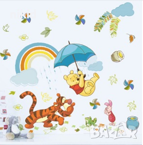 Мечо Пух Тигър Прасчо дъга чадър самозалепващ стикер лепенка за детска стая стена
