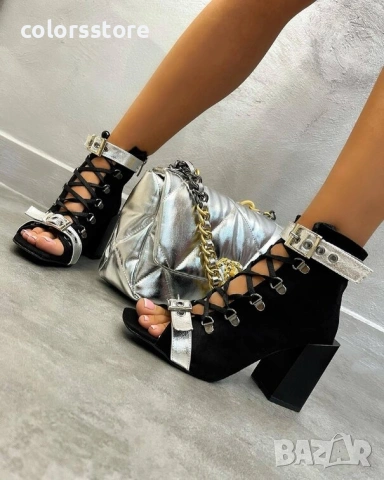 Летни боти на ток - черен велур със сребриста каишка - BK55 