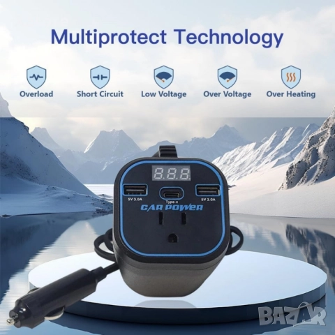 Инвертор преобразувател за захранване,адаптер за зарядно за кола с 3.0A двоен USB и Type-C, снимка 7 - Аксесоари и консумативи - 52458338