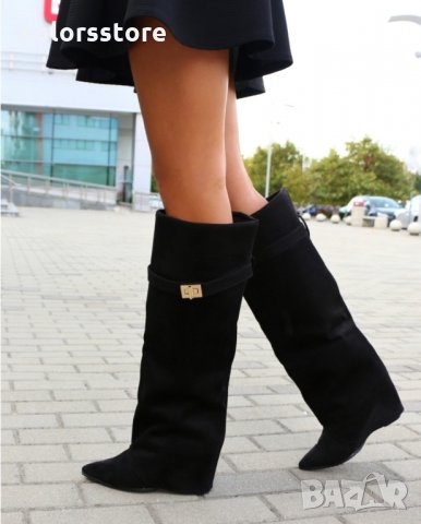  Ботуши на платформа - черен велур - K-40