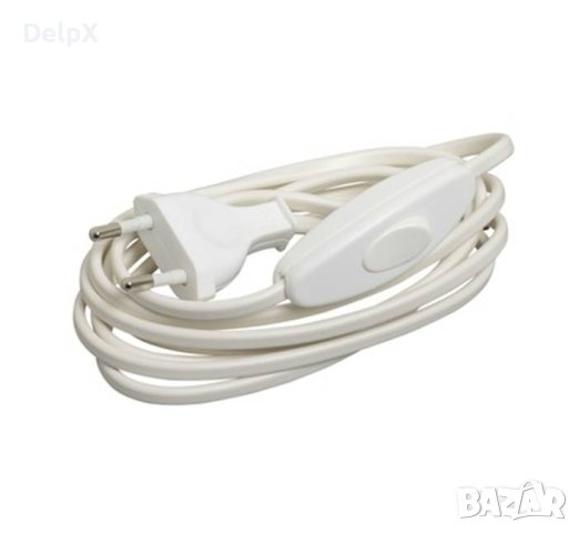 Захранващ кабел бял/черен с мързелив ключ и щепсел плосък/2 жила 1,5m 220V 6A, снимка 1
