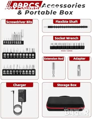 Нов DuroFort 8V Акумулаторен Винтоверт + 89 Аксесоара, LED, Гъвкав Вал, снимка 7 - Винтоверти - 48924547