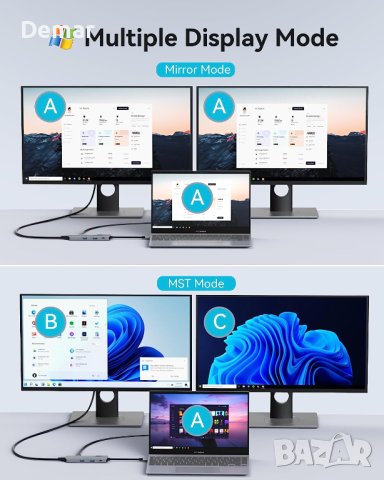 USB C докинг станция за лаптоп 8 в 1 24K 60Hz HDMI портове, снимка 7 - Кабели и адаптери - 41644562