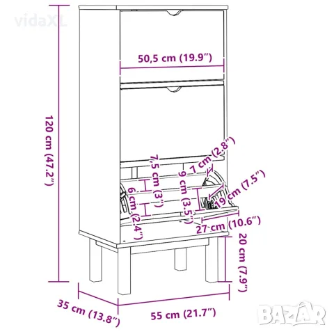 vidaXL Шкаф за обувки OTTA с 3 чекмеджета, кафяв, бор масив, снимка 6 - Шкафове - 56147273
