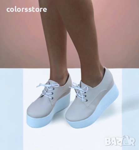 Обувки на платформа - бежова кожа с бяло ходило - 120K, снимка 2 - Дамски ежедневни обувки - 38593551