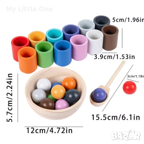 Дървена игра за сортиране с цветни топчета и чашки, снимка 3 - Образователни игри - 50998063