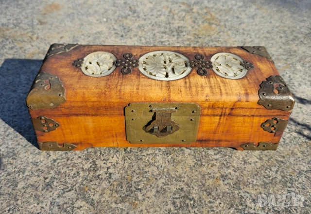 Кутия за бижута от дърво Vtg с азиатски дизайн резбован нефрит, снимка 2 - Декорация за дома - 52016781