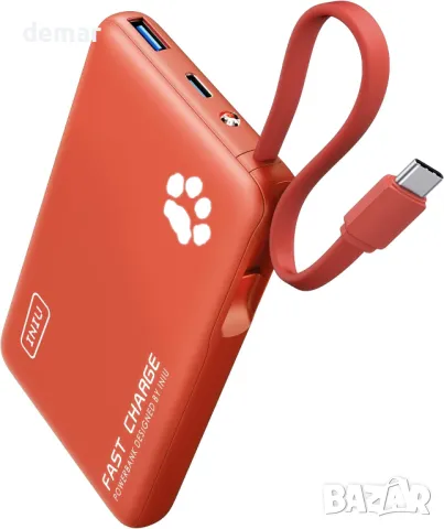 Външна батерия INIU, тънка 10000mAh захранваща банка с вграден USB-C кабел, 20 W, оранжева