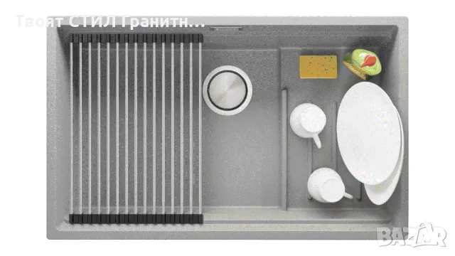 Сива гранитна мивка за монтаж под плот Прага 80 Step Level 560 x 470 мм