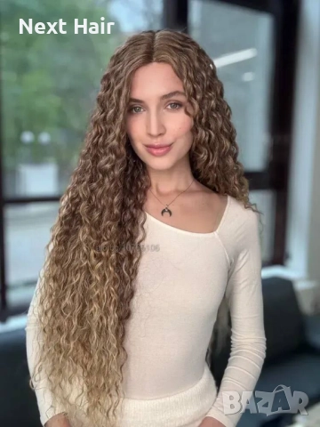 Омбре къдрици 80 см - кафява перука с реалистичен път 13x4x1, снимка 3 - Аксесоари за коса - 52878649