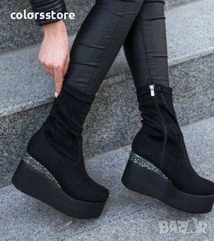 Боти на платформа - черен велур - 121K