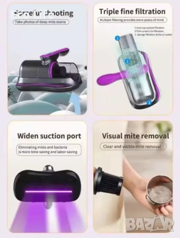 Акумулаторна  прахосмукачка против акари ATT 2 в 1 UV технология, снимка 5 - Прахосмукачки - 52344196