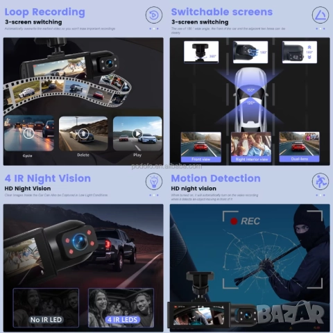 Видеорегистратор с две камери за кола, DVR, вътрешна камера за купето, за автомобил, ДВР регистратор, снимка 2 - Аксесоари и консумативи - 51609784