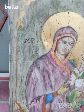 ИКОНА-ДЕВА МАРИЯ С МЛАДЕНЕЦА ,МАСЛО ВЪРХУ ПЛАТНО, снимка 4 - Картини - 52295960