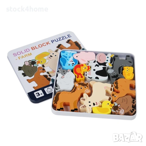 Дървен пъзел Woody Забележителни животни в метална кутия, 12 части, снимка 8 - Игри и пъзели - 53018978