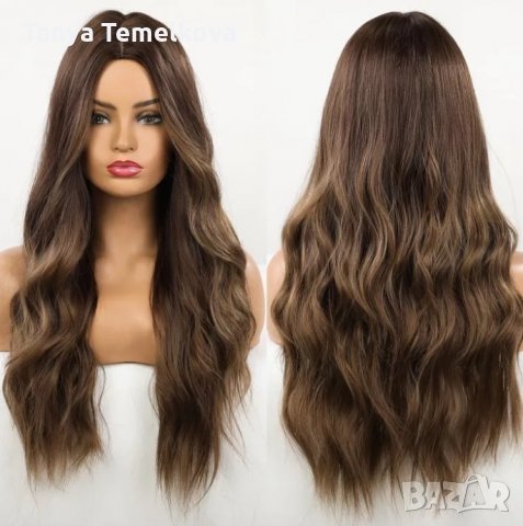 Дълга на вълни кафява перука без бретон