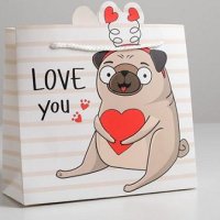 Куче Мопс love you Свети Валентин картонена хартиена подаръчна чанта торба торбичка за подарък, снимка 1 - Други - 41915642