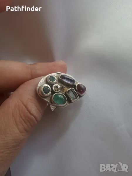 Масивен сребърен пръстен с ценни камъни, снимка 1