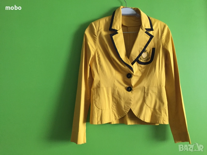 Дамско  пролетно- есенно сако, размер 42, марка Badoo, цвят – жълт, с черен кант,  закопчаване- с ко, снимка 1