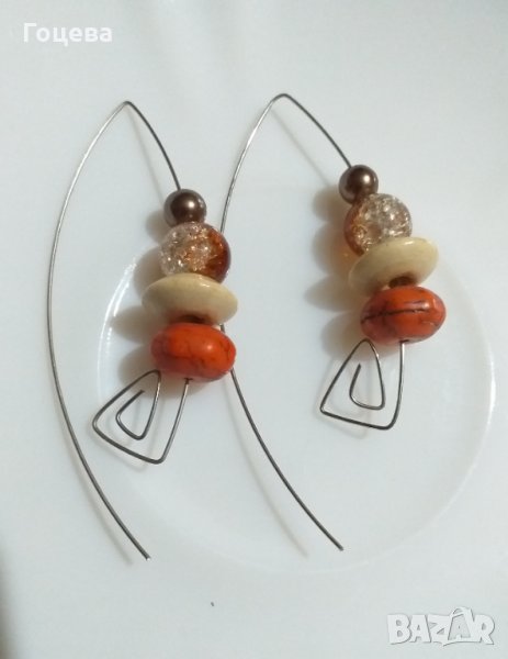 Арт обици с оранжев Тюркоаз и дървени мъниста , снимка 1