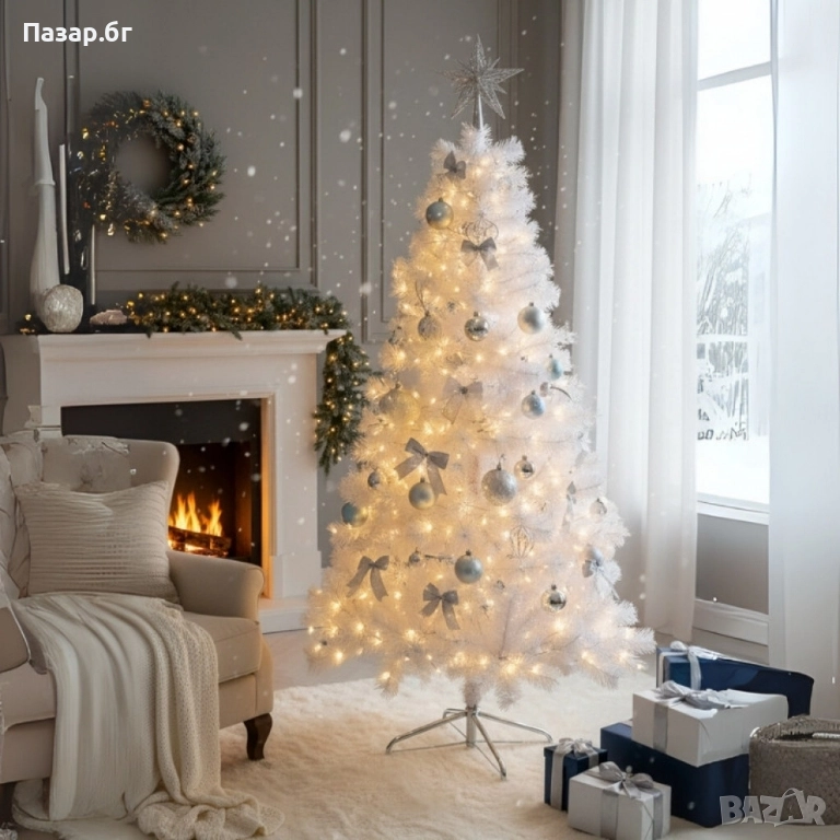 Изкуствена коледна елха в бяло – пухкав снежен ефект, снимка 1