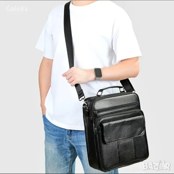 Много Голяма и Функционална Мъжка кожена чанта / Черна естествена кожа!, снимка 1