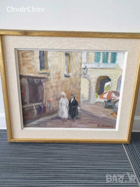 Nilsson 54х46см/шведска стара картина масло върху платно/градски пейзаж/жени-монахини/дървена рамка, снимка 1