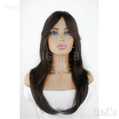 Дълга чуплива тъмнокестенява перука Бейли, снимка 1