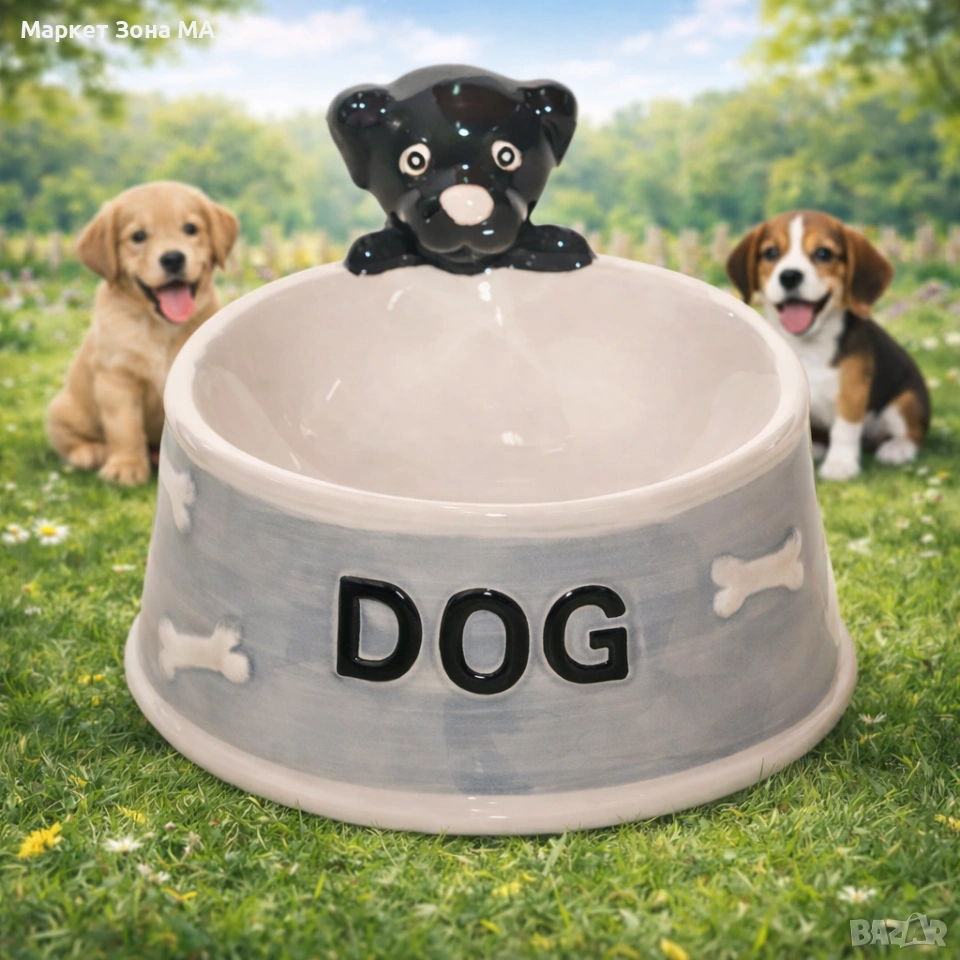 Керамична купичка за домашни любимци с декоративно кученце и стабилен дизайн, снимка 1