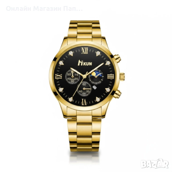 Мъжки кварцов часовник Hkun – Златист корпус, черен циферблат, римски цифри с кристали, снимка 1