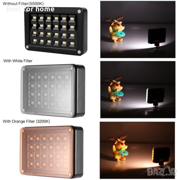 Мини преносима видео лампа,Andoer T9512,2 бр Филтри-бял и оранжев,Panel 95+ 5500K, 24 LED за камера, снимка 1