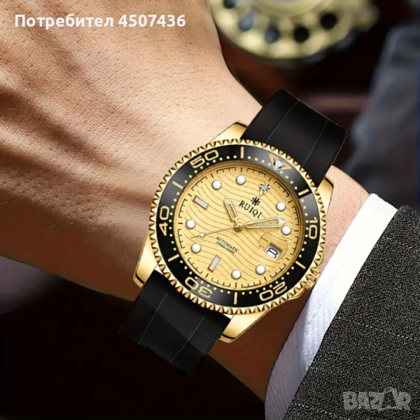 Автоматичен часовник RUIQI,дата,въртящ се безел,фосфорисциращи стрелки,силиконова каишка, снимка 1