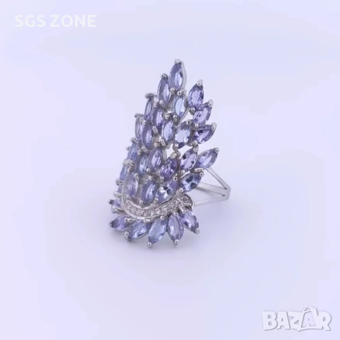 ОРИГИНАЛЕН СРЕБЪРЕН ПРЪСТЕН С ТАНЗАНИТ, снимка 2 - Пръстени - 52403346