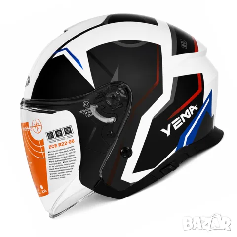Отворена мото каска YEMA ECE R22.06 с два визьора черно и бяло