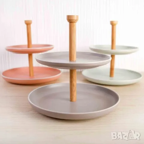 Кръгла двуетажна стойка Axentia, бамбукова рамка, 2 нива, цвят шам фъстък, снимка 4 - Прибори за хранене, готвене и сервиране - 47901767