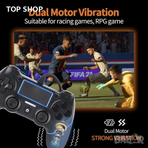 PS4 контролер, кабелен джойстик, геймпад със сензорен панел с двойна вибрация,зелена и синя линия, снимка 7 - Аксесоари - 48805004