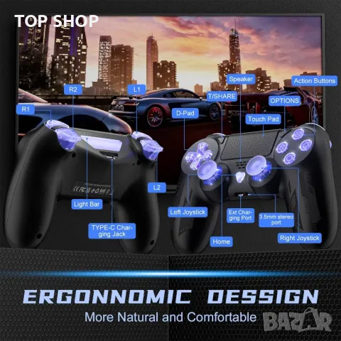 Безжичен контролер Bonacell за геймпад за Ps4 с 6-осен сензор за движение Turbo Touch Pad, снимка 6 - Аксесоари - 49938051