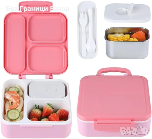 Нова Детска бенто кутия 3 отделения с термо контейнер 330 мл розова