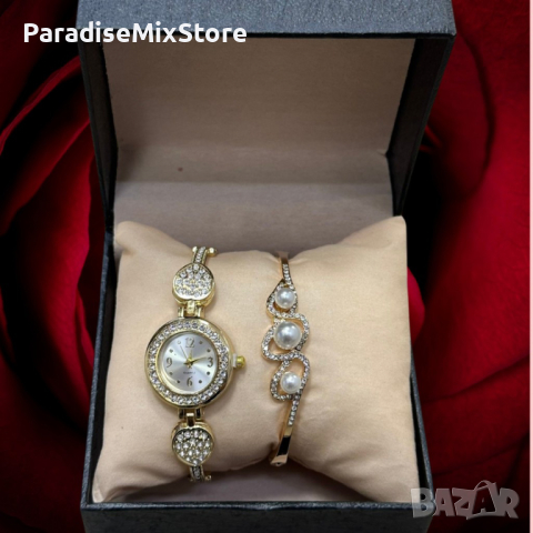 Елегантен дамски комплект часовник с камъни цирконии и красива гривна в комбинация с перли и циркони