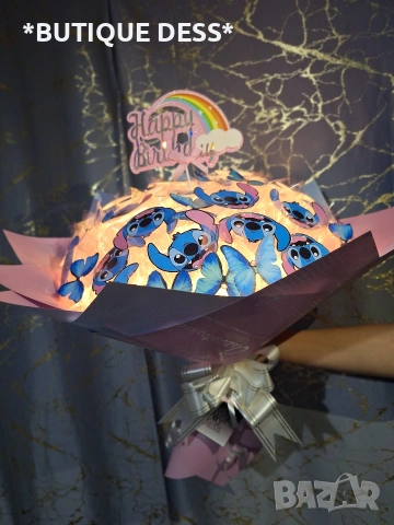 Ръчно изработен светещ букет "Стич", снимка 4 - Подаръци за рожден ден - 53090993