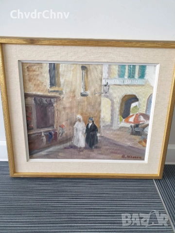 Nilsson 54х46см/шведска стара картина масло върху платно/градски пейзаж/жени-монахини/дървена рамка