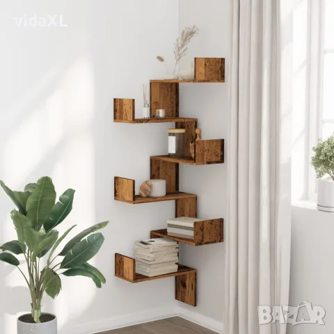 vidaXL Стенен ъглов рафт старо дърво 45x45x147 см инженерно дърво, снимка 3 - Етажерки - 56148285