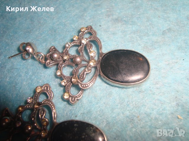 СТАРИ СКЪПОЦЕННИ СРЕБЪРНИ АртДЕКО ОБЕЦИ ОКСИДИРАНО СРЕБРО 925 с ЧЕРЕН ШЛИФОВАН ОНИКС и ЦИРКОНИ 25645, снимка 7 - Обеци - 35783930