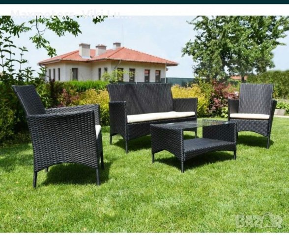 Градински комплект с възглавници, 4 части, полиратан