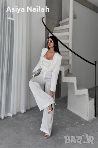 Дамски бял костюм от 3 части – сако, топ и широк панталон, снимка 9 - Костюми - 52792810