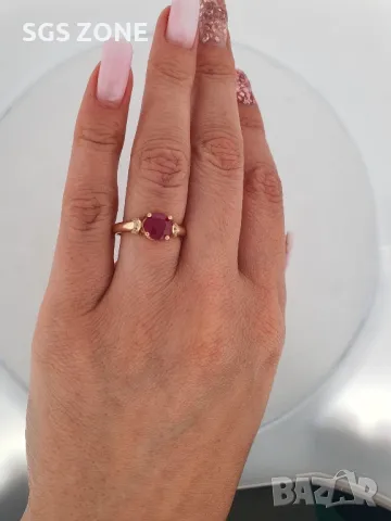 Позлатен Пръстен с Рубин и Сапфир, снимка 3 - Пръстени - 49660063