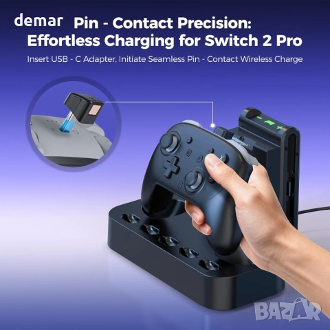 Зарядна станция NEWDERY за контролер Nintendo Switch 2 и Joycon, LED индикатори, слотове за 5 карти, снимка 4 - Аксесоари - 52534599